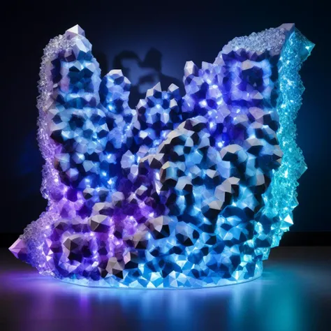 In the realm of pixels and polygons, a 3D sculpture emerges, resplendent in a cascade of crystalline blues and holographic violets. The artist's pioneering use of lighting effects creates an immersive experience, where the sculpture's facets refract light in a mesmerizing display. Shadows, like echoes of a digital symphony, dance across the surfaces, revealing the meticulous craftsmanship that defines this virtual masterpiece, hyperdetailed, intricate details, 8k, <lora:xl_more_art-full_v1:0.9>