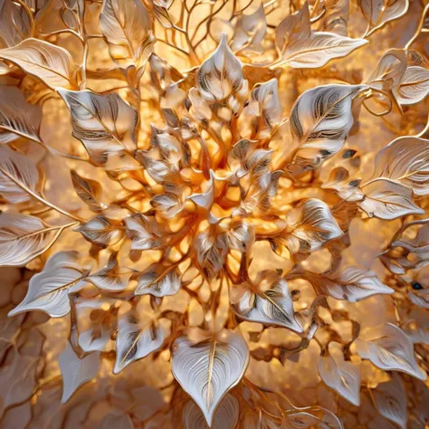 Like an intricate leafy lattice to the digital cosmos, this 3D sculpture captures the essence of fractal beauty within its organic confines. Bathed in the soft radiance of a simulated sunrise, the leaves become a canvas for the artist's exploration of chaos, each vein and contour contributing to a dance of celestial luminescence, digital masterpiece, photorealistic, ultrarealistic, intricate details, 8k, <lora:xl_more_art-full_v1:0.9>