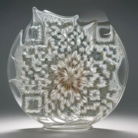 A transparent metamorphosis of fractal beauty unfolds in this glass sculpture, capturing the essence of mathematical intricacy within its delicate form. The artist's deft touch transforms the glass into a canvas for chaos, each etched pattern a testament to the interplay of order and randomness frozen in time, digital masterpiece, photorealistic, ultrarealistic, intricate details, 8k, <lora:xl_more_art-full_v1:0.9>