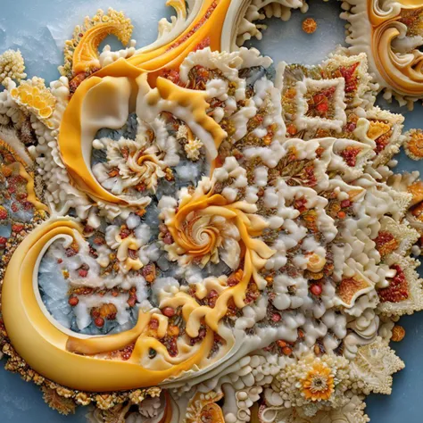 A flavorful cascade of fractal wonders unfolds in this edible masterpiece, capturing the imagination with its intricate dance of taste and presentation. The artist's technique involves the careful arrangement of food ingredients into sinuous curves and natural angles, creating a sense of gastronomic fluidity within the frozen chaos of the fractal forms, digital masterpiece, photorealistic, ultrarealistic, intricate details, 8k, <lora:xl_more_art-full_v1:0.9>