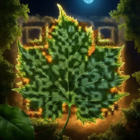 This leaf-framed digital marvel, bathed in the cool glow of simulated moonlight, captures the transience of beauty within its organic contours. The artist's technique involves a meticulous layering of fractal patterns, integrated seamlessly with leaves, creating a visual symphony that resonates with the cosmic rhythms of the night sky, digital masterpiece, photorealistic, ultrarealistic, intricate details, 8k, <lora:xl_more_art-full_v1:0.9>