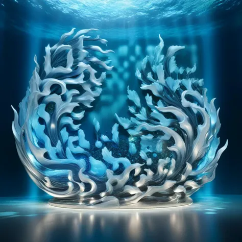 From the luminous depths of a digital ocean, a 3D sculpture emerges, its surfaces adorned in gradients of aquatic blues and shimmering silvers. The artist's mastery in lighting effects creates a mesmerizing spectacle, as the sculpture seems to float in a sea of virtual brilliance. Shadows, like gentle waves, enhance the sculpture's dynamic contours, inviting viewers to immerse themselves in the fluid beauty of this digital masterpiece, hyperdetailed, intricate details, 8k, <lora:xl_more_art-full_v1:0.9>