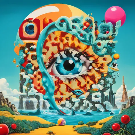 A surrealist dreamscape comes to life in this 2D digital masterpiece, showcasing the artist's mastery of surrealism and pop art. The use of vibrant, high-contrast colors pays homage to the bold palette of pop art, while the dreamlike distortions and unexpected juxtapositions exemplify the surrealist tradition. The fusion of these two styles creates a visually striking and intellectually engaging composition, digital masterpiece, photorealistic, ultrarealistic, intricate details, 8k, <lora:xl_more_art-full_v1:0.9>