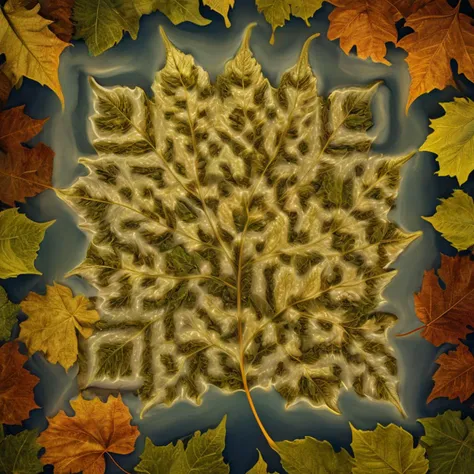 Amidst the hushed glow of simulated twilight, this leaf-framed digital creation invites the viewer into a realm of serene beauty. The artist arranges leaves into a delicate tapestry of fractal forms, each vein and serration capturing the quiet elegance of mathematical chaos in the soft illumination of dusk, digital masterpiece, photorealistic, ultrarealistic, intricate details, 8k, <lora:xl_more_art-full_v1:0.9>