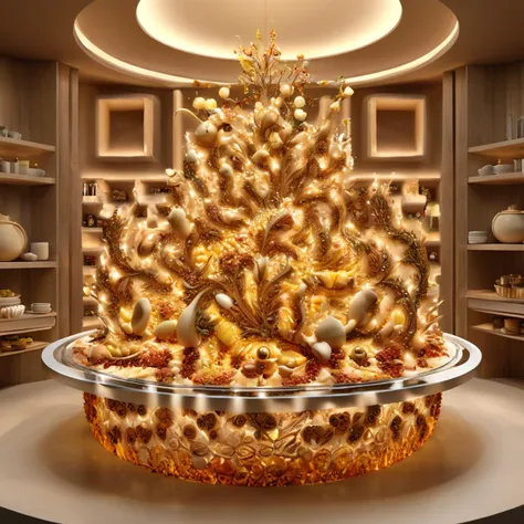 A gastronomic metamorphosis unfolds in this culinary creation, where the artist intricately arranges food ingredients to create a 3D masterpiece. Bathed in the warm glow of simulated kitchen ambiance, the sculpture becomes a living canvas for the exploration of fractal patterns within the realm of culinary aesthetics, digital masterpiece, photorealistic, ultrarealistic, intricate details, 8k, <lora:xl_more_art-full_v1:0.9>