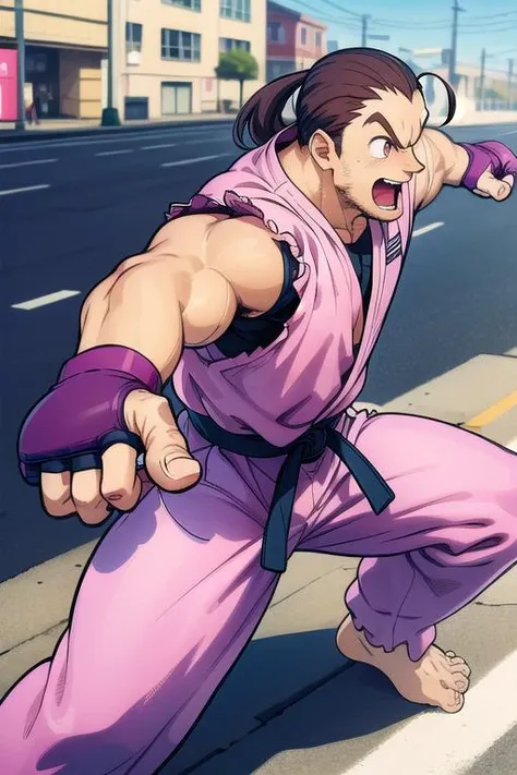 masterpiece, best quality,ultra detail, <lora:anmnr01:0.3>  <lora:add_detail:0.5>,<lora:GoodHands-vanilla:0.8> ,1man, 35yo,<lora:danhibiki:0.7>,dan,fighting pose,laugh,urban street,brown hair, brown eyes, ponytail, muscular, ahoge,pink dougi, black undershirt, fingerless gloves , barefoot,dynamic angle,audience