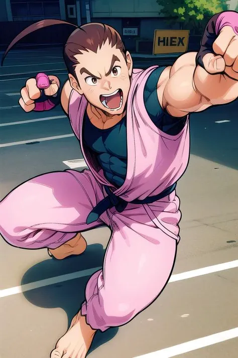 masterpiece, best quality,ultra detail, <lora:anmnr01:0.3>  <lora:add_detail:0.5>,<lora:GoodHands-vanilla:0.8> ,1man, 35yo,<lora:danhibiki:0.7>,dan,fighting pose,laugh,urban street,brown hair, brown eyes, ponytail, muscular, ahoge,pink dougi, black undershirt, fingerless gloves , barefoot,dynamic angle,audience,jumpkick
