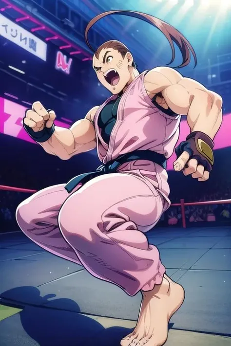 masterpiece, best quality,ultra detail, <lora:anmnr01:0.3> <lora:add_detail:0.5>,<lora:GoodHands-vanilla:0.8> ,1man, 35yo,<lora:danhibiki:0.7>,dan,fighting pose,laugh,urban street,brown hair, brown eyes, ponytail, muscular, ahoge,pink dougi, black undershirt, fingerless gloves , barefoot,dynamic angle,audience,jump kick