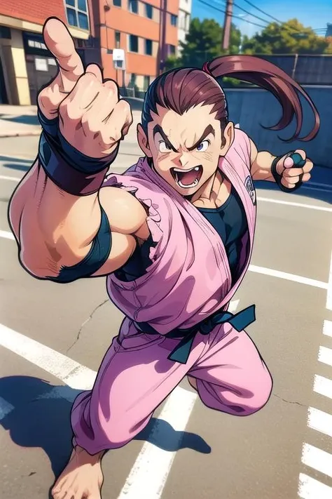 masterpiece, best quality,ultra detail, <lora:anmnr01:0.3>  <lora:add_detail:0.5>,<lora:GoodHands-vanilla:0.8> ,1man, 35yo,<lora:danhibiki:0.7>,dan,fighting pose,laugh,urban street,brown hair, brown eyes, ponytail, muscular, ahoge,pink dougi, black undershirt, fingerless gloves , barefoot,dynamic angle,audience,jump kick