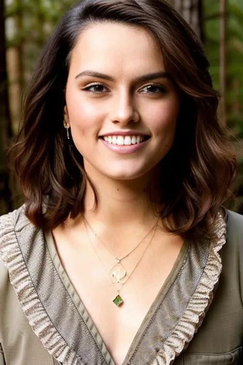 <lora:d13syr3dl2y:1.0>, a Realistic Portrait of a d13syr3dl2y woman with brown eyes and brown Hair style, looking at viewer, smile, forest background, casual style, full body, makeup, jewlery, golden pendants, professional Photography, Photorealistic, detailed eyes, RAW, analog, sharp focus, 8k, HD, DSLR, high quality, Fujifilm XT3, film grain, award winning, masterpiece