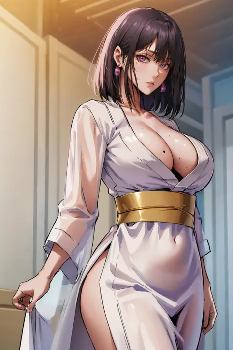 (masterpiece, best quality:1.2), solo, 1girl, arielaraven, mole, shiny skin, expressionless, looking at viewer, standing, purple eyes, bathrobe, earrings, large breasts, indoors <lora:milfhunter_arielaraven_1-000016:0.9>