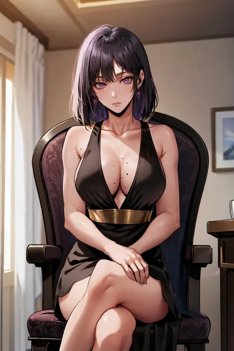 (masterpiece, best quality:1.2), solo, 1girl, arielaraven, mole, expressionless, looking at viewer, sitting, chair, purple eyes, black dress, earrings, cleavage, indoors <lora:milfhunter_arielaraven_1-000016:0.8>