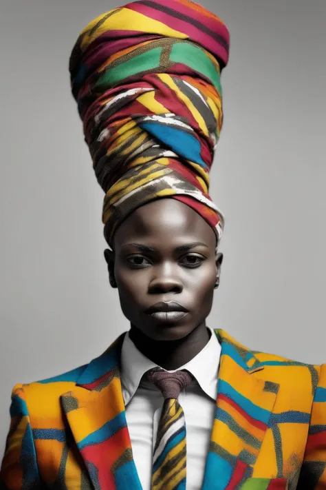 <lora:Zanele Muholi Style:1>Zanele Muholi Style - Dramatic Portrait of a Gender Nonconforming Individual, bathed in soft natural light, wearing a vibrant traditional African headwrap and a modern suit, challenging societal norms and celebrating individuality.