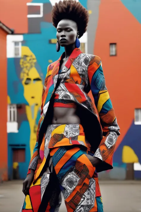 <lora:Zanele Muholi Style:1>Zanele Muholi Style - Contemporary Fashion Editorial Featuring African Patterns and Bold Colors, captured in dynamic poses against a backdrop inspired by Nigerian street art, showcasing the fusion of African heritage and modern style.