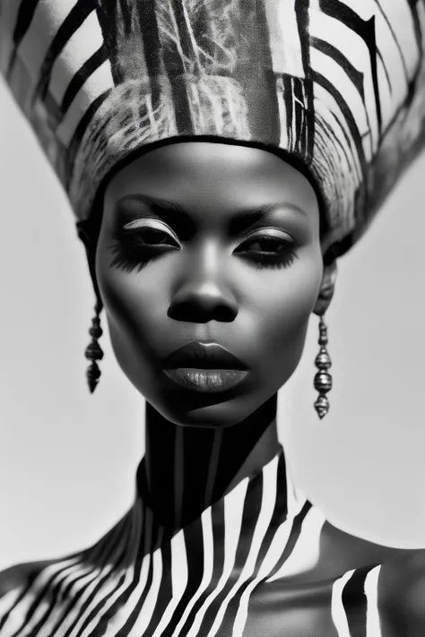 <lora:Zanele Muholi Style:1>Zanele Muholi Style - Photographed by Zanele Muholi using a Contax 645, a stunning female supermodel dons an avant-garde design by Comme des Garons, set against the striking backdrop inspired by the intricate line work of Indian artist Atul Dodiya's paintings. Her face, shot from an engaging low angle, reveals the dramatic, chiaroscuro lighting techniques that emphasize the bold contrasts in Dodiya's artwork. The scene marries her crystal-clear and lifelike facial features with the vibrant, energetic compositions of Dodiya's unique creations, evoking a sense of depth and complexity.