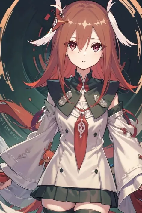 codeeulalia, <lora:eulalia-lora-nochekaiser:1>,
eulalia, long hair, brown hair, hair ornament, facial mark, (red eyes:1.5),
BREAK skirt, thighhighs, pleated skirt, detached sleeves, wide sleeves, chain, red thighhighs,
BREAK looking at viewer,
BREAK outdoors,
BREAK <lyco:GoodHands-beta2:1>, (masterpiece:1.2), best quality, high resolution, unity 8k wallpaper, (illustration:0.8), (beautiful detailed eyes:1.6), extremely detailed face, perfect lighting, extremely detailed CG, (perfect hands, perfect anatomy),