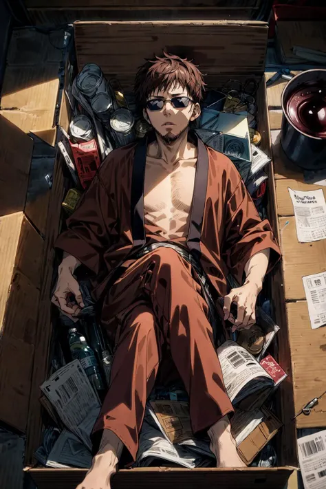absurdres, (best quality), (masterpiece),(ultra-detailed:1.2),(photorealistic:1.1),ultra high res,
1Man, sitting,
<lora:insidebox v1.1b:0.8> ,insidebox, boxrelaxed, in box, in container, inside cardboard box,
<lora:Taizou_Hasegawa_MADAO:0.9>,Small Beard,Middle Aged,Brown Haori, Dark Glasses, Brown Hair, Short Hair, bare belly,happi coat,Brown Pants,
cardboard,bottle,newspaper,Garbage bag,
outdoor,
<lora:flat2:-0.3> ,
<lora:LowRa:0.2> ,