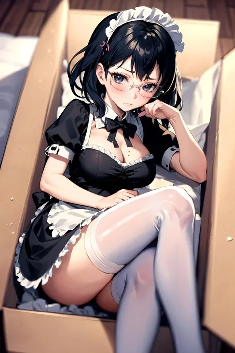 (masterpiece, best quality, detailed), 1girl, solo, looking at viewer, <lora:shimizu_kiyoko_v1:0.7>, aakiyoko, short hair, black eyes, glasses, mole under mouth, maid, maid headdress, maid apron, black dress, frills, thighhighs, bow, cleavage, puffy short sleeves, white thighhighs, <lora:insidebox v1.1:0.8>, insidebox, boxrelaxed, in box, in container, (inside cardboard box, box with packing peanuts:0.8), lying, on side, head rest, angry, closed mouth, blush