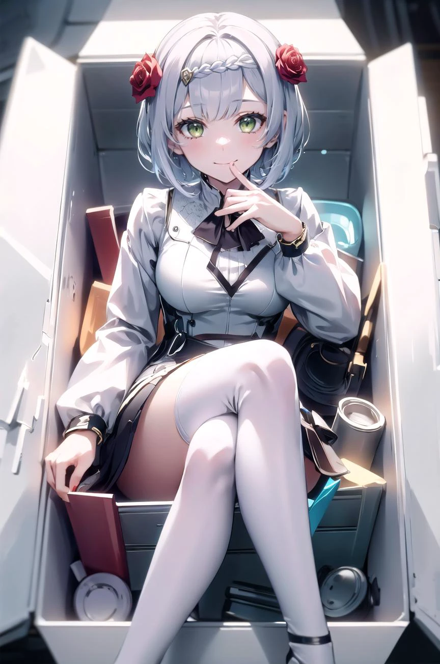 (masterpiece, best quality, detailed), 1girl, solo, looking at viewer, <lora:noelle_genshin_impact:0.8>, noelle gi, short hair, green eyes, braid,hair flower, red rose, <lora:NeoFuturisticTech-20:1.1>, neotech, sleek, <lora:insidebox v1.1:0.8>, insidebox, boxrelaxed, in box, in container, (inside cardboard box, box with packing peanuts:0.8), sitting, crossed legs, smile, closed mouth