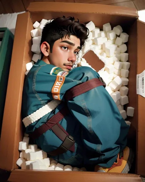 candid photograph, dg_Luis <lora:dg_Luis_v1:0.8> 18yo 1boy, stubble, , detailed realistic face, masterpiece, hires,high resolution, best quality, <lora:insidebox:1> , insidebox, boxrestrained, in box,  in container, box filled with packing peanuts, tape gag, (on side:1.2), duct tape, tape bondage, bound arms, bound legs, angry, lying, indoors