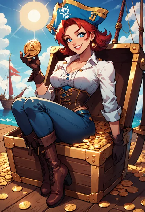 score_9, score_8_up, score_7_up,source:anime, soft shadows, ultra details,masterpiece,4k,best quality, hires,dog,insidebox, in box, in treasure chest,, open treasure chest, gold coins, smile, lips, kind face, relaxed, 1girl, red hair, blue eyes, pirate outfit, ship, on ship, clear sky, sun,detailed pupils, jacket, boots, pants, corset, buttoned shirt, leather gloves, pirate tricorne, mature female, holding large coin
<lora:Your shipment have arrived (pony) v1:1>