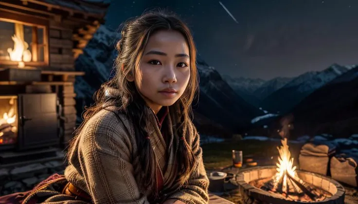 masterpiece, high quality, cinematic lighting, realistic, highly detailed face, 1girl, bhutanese, bhutanese traditional clothes, winter, mountain, <lora:more_details:0.7>, fully clothed, cliffside, sitting next to a campfire, small smile, midnight, night sky,