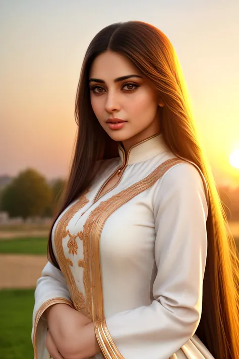 Hyperrealistic art A beautiful ((Pakistani Woman)) with very long straight hair, full lips, a gentle look, and very light white skin. She wears a medieval dress. highly detailed, 8k, and realistic image, sunset, burnt orange, blur background,
, <lora: Pakistani_Face:.8> . Extremely high-resolution details, photographic, realism pushed to extreme, fine texture, incredibly lifelike