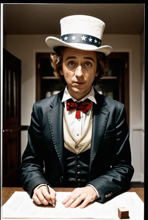 (Uncle Sam Willy Wonka Gene Wilder as United States President)((inside white house chocolate factory))BREAK((dodge and burn, corner edge darken vignette))(exposure POP!!! hdr extremely intricate, Sharp focus, dramatic cinematic light, (8k textures, elegant, cinematic look)(breathtaking, insane details)
<lora:Better_Details:0.6>
<lora:epiC35mm:0.6> epiC35mm
<lora:LCM_1-5:0.7>
<lora:EmotionSliders:1.2>