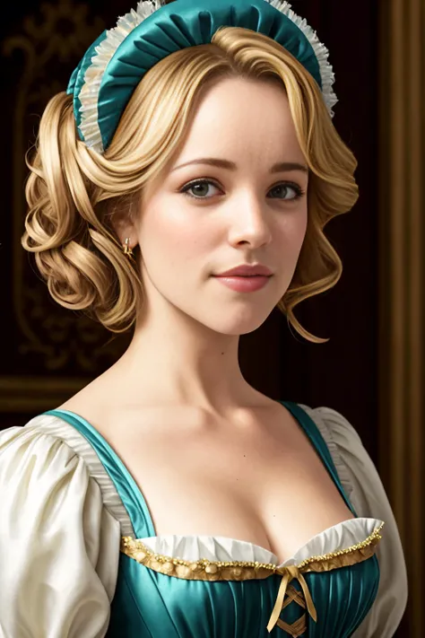 Raw photo、Highest quality、moody lighting, Soft focus, One woman、Rococo dress、Lady、((Swedish, Upper Body, Age 27, Blonde, Chignon Hair, tiara, Ice Blue Eyes, Long face, High nose, archaic smile:1.4)), Woman in light blue dress, slim and small breasts, necklace, Rococo Queen, Rococo portrait, Exquisite and aristocratic, Aristocratic appearance, 優雅なLady, 18th Century Duchess, 18th century style