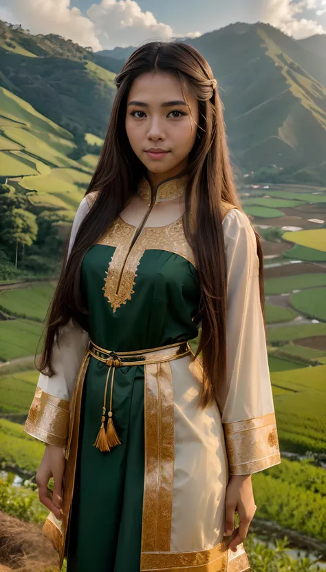 masterpiece, high quality, cinematic lighting, realistic, highly detailed face, 1girl, bruneian, full body, traditional bruneian clothes, long hair, small smile, verdant south asian farmland,