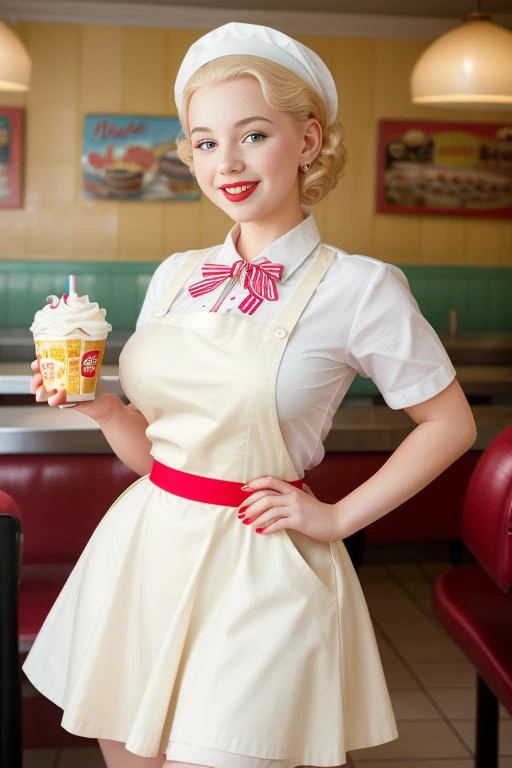 looking at viewer, best quality, masterpiece, saggy breasts, smile, happy, albino girl, <lora:Mejores_Manos:1> big milkshake, elegant 1950s housewife wearing a colorful 1950s waitress uniform, skirt, apron, shirt, (in 1950s fast food restaurant), candy colors, Professional photo, cinematic lighting, volumetric shadows, (backlighting:0.6), shallow depth of field, 8mm film grain, photographed on a Leica 10772 M-P, 50mm lens, F2.8, (highly detailed, intricate details, fine), 8k, HDR, deep focus,