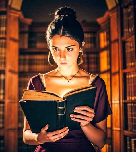 ultra detailed, absurdres, RAW full color photo of  a librarian with black hair tied up in a bun, in a dark dim gothic library at night reading an ancient  glowing  book of forbidden secrets, depth of field, cinematic lighting, heavily backlit, Normcore aesthetic vibe