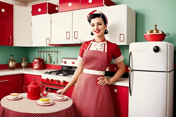 1940s American kitchen, natural lighting, smoke, haze, 50mm lens at F/2.8, beautiful aroused spanish housewife girl, chubby, natural and saggy breasts, vintage circle dress and stockings, seductive and sultry, pinup-style, hyper-detailed and intricately detailed film still, psychedelic colors, RAW color, shallow depth of field, detailed skin with supple pores, beauty marks, freckles, and goosebumps, sharp focus, HDR, and 4k resolution.