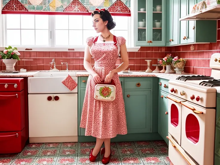 1940s American kitchen, natural lighting, smoke, haze, 50mm lens at F/2.8, beautiful aroused british housewife girl, chubby, natural and saggy breasts, vintage circle dress and stockings, seductive and sultry, pinup-style, hyper-detailed and intricately detailed film still, psychedelic colors, RAW color, shallow depth of field, detailed skin with supple pores, beauty marks, freckles, and goosebumps, sharp focus, HDR, and 4k resolution.