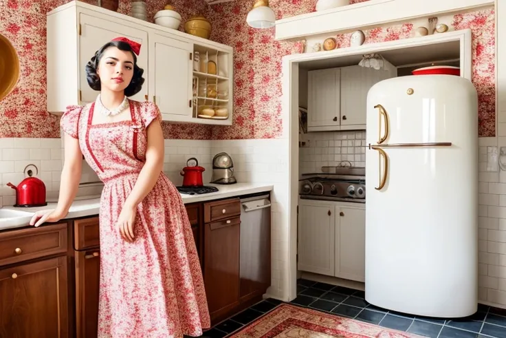 1940s American kitchen, natural lighting, smoke, haze, 50mm lens at F/2.8, beautiful aroused mexican housewife girl, chubby, natural and saggy breasts, vintage circle dress and stockings, seductive and sultry, pinup-style, hyper-detailed and intricately detailed film still, psychedelic colors, RAW color, shallow depth of field, detailed skin with supple pores, beauty marks, freckles, and goosebumps, sharp focus, HDR, and 4k resolution.