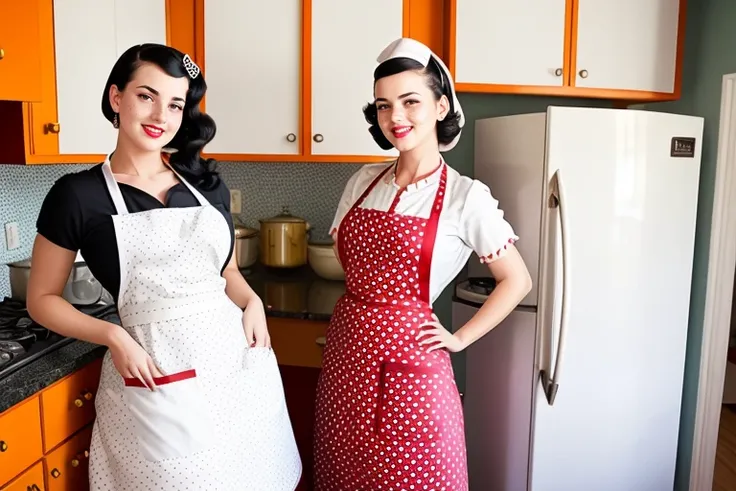 1940s American kitchen, natural lighting, smoke, haze, 50mm lens at F/2.8, beautiful aroused italian housewife girl, chubby, natural and saggy breasts, vintage circle dress and stockings, seductive and sultry, pinup-style, hyper-detailed and intricately detailed film still, psychedelic colors, RAW color, shallow depth of field, detailed skin with supple pores, beauty marks, freckles, and goosebumps, sharp focus, HDR, and 4k resolution.