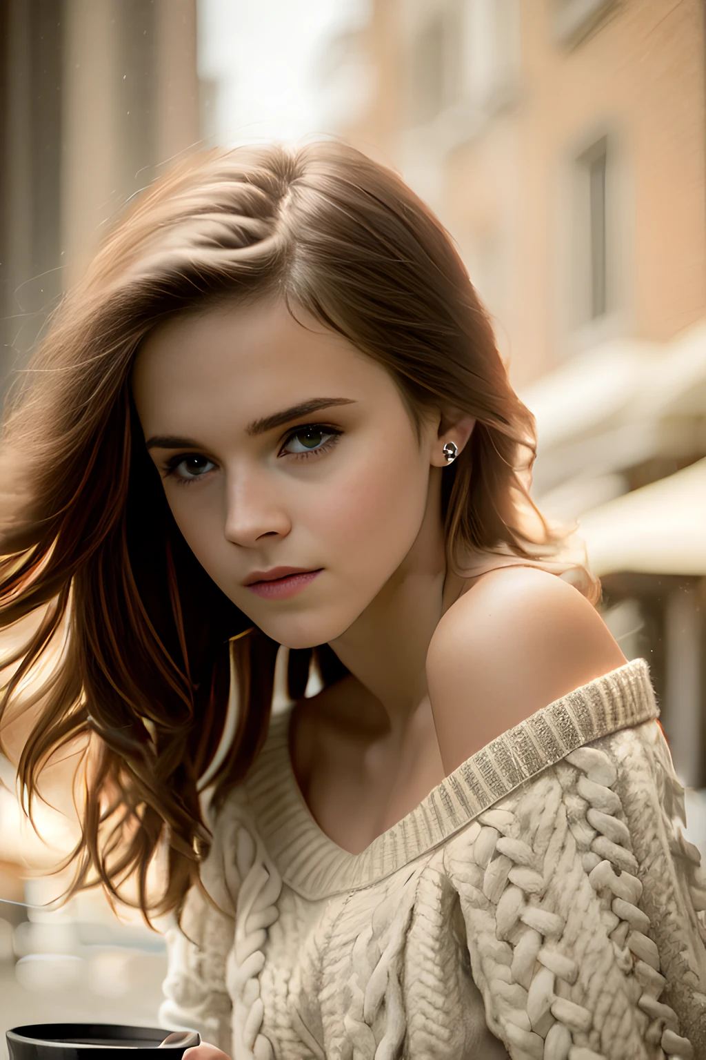 (best quality, masterpiece:1.2), (PHOTOREALISTIC:1.8), street cafe, city sidewalk, (emma_watson:1.00), (bare_shoulders:1.00), (breasts:1.00), full-body shot, centered, professional lighting, 50mm, lightroom gallery, behance photography, centered, incredibly detailed, sharpen, professional lighting, sharp focus, ANALOG, skin texture, skin pores, (high resolution scan:1.2), (offshoulder_sweater:1.00), (sweater:1.00),
