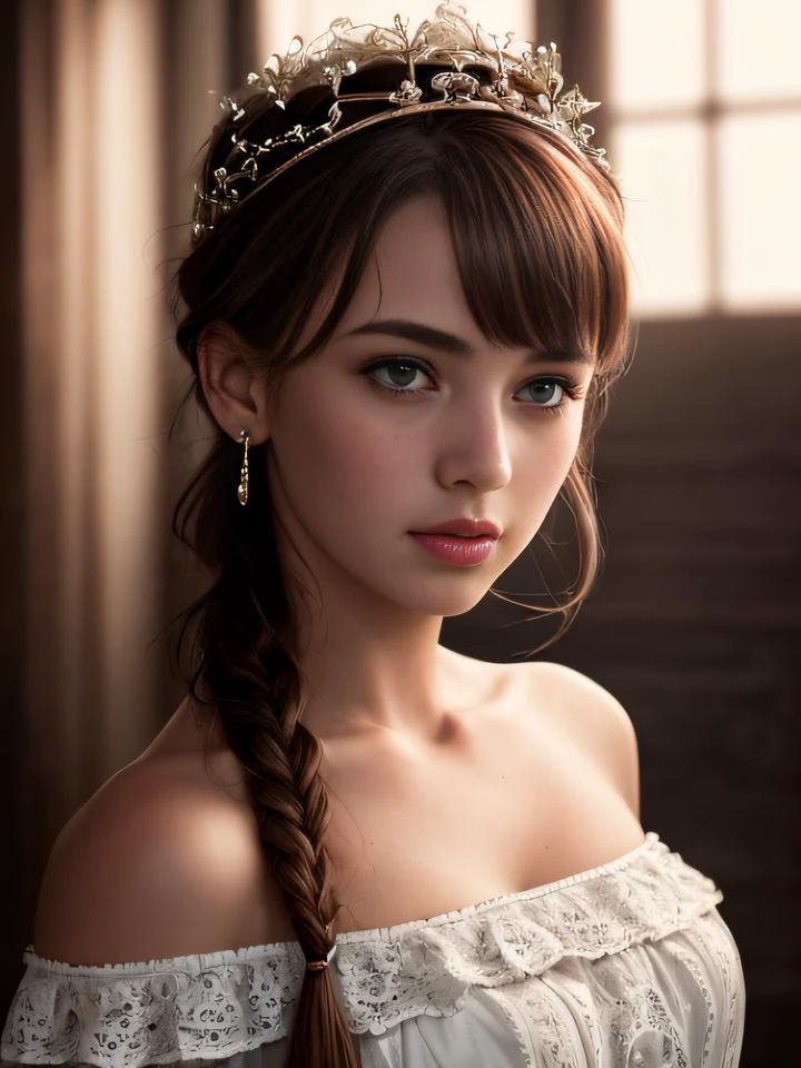 best quality, masterpiece, ultra high res, (photorealistic:1.4), 1girl, metahuman,
beautiful French young woman, perfect body, bright skin, off-shoulder lace, realistic skin texture, looking at viewer,
perfect detailed face, beautiful eyes, hairstyle Braided Crown, freckles on the face,
cinematic lighting, studio light