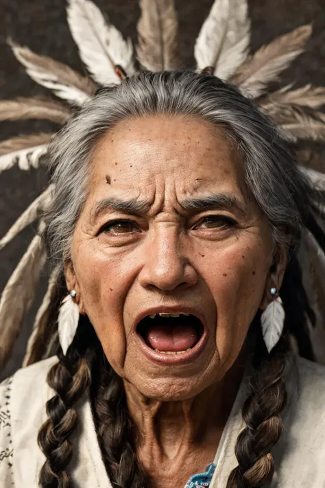 close-up photo portrait of a 100 yo old native american woman, grey hair, brown eyes, screaming face expression, twin braids, warbonnet, feathers, tribal, simple background