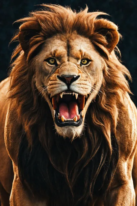 close-up photo portrait of a great red lion, blue eyes, very long lion's mane, roaring, open mouth, fangs, animal, no humans, simple background