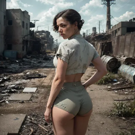 Atompunk \(theme\), rear angle photo of (alt 1920s woman:1.2), looking back at viewer, perfect face, (wearing white crop top, booty shorts), prefect fit ass, teasing the viewer with her emasculate booty, background is post apocalyptic American city, during the day,
(highly detailed skin), fine details, natural lighting, dappled lighting, projected shadows, HDR, photographed on a Sony A7R V, 35mm T2.9 Full-Frame Cine Lens, (highly detailed, intricately detailed), (overcast:1.1), film-like, (film grain), RAW, (cinematic film still from Fallout 4 Live action ), 8k, (full body:0.9)