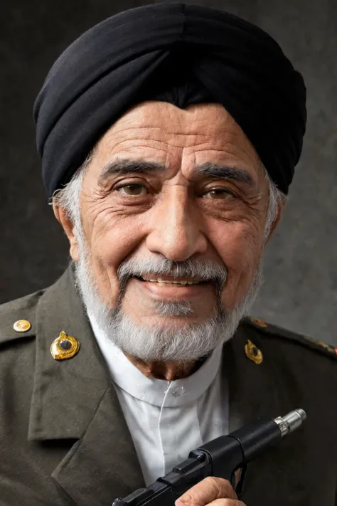 close-up photo portrait of a 80 yo aged Arab man, short grey hair, beard, black eyes, joyful face expression, turban, holding ak-47, military, simple background