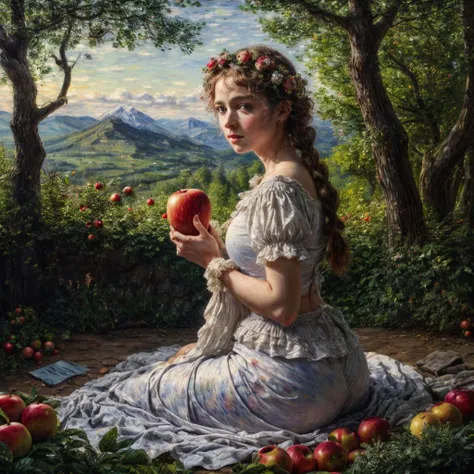 RAW photo, 8k uhd, Analog style, (Masterpiece, Best Quality, Highres:1.3), dramatic, cinematic, BREAK,
(oil painting:1.3) by (Peter Paul Rubens:1.2) and (Claude Monet:1.2) of (corpulent:1.1) (woman:1.2) sitting in (garden of Eden:1.2), (holding apple:1.2), white (chiton:1.2), (apples:1.3), (trees:1.2), (ancient:0.5) (ruins:1.05), cute face, blue eyes, braids, (flower wreath:1.1), (bed sheet:1.15), (godrays:1.2), (shine:1.1), (mountain:1.1), (fluffy cloud:1.2), (painting, renaissance, romanticism scene:1.12), (hyperdetailed, absurdres:1.1), BREAK,
<lora:more_details:0.85>,