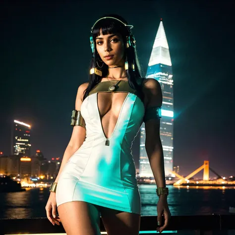 Highest Quality, photo of (Cyberpunk Cleopatra:1.1), perfect face, confident expression, (cyber wear), (wearing elegant white sheath short dress), athletic body, small breasts, (highly detailed skin), olive skin tone, supple skin pores, fine details, Cyberpunk city of city of Alexandria in background, at night, futuristic Pyramid in background, reflections, ambient light, (lens flare:0.6), (bloom:0.5), (cinematic lighting:1.1),
Photographed on a Hasselblad 500 CM, 80mm f/2.8 lens, with (Cinestill 800T color negative 35mm film:1.2), film-like, (film grain:1.1), 8k, HDR, shallow depth of field, sharp focus, medium format, front view, (full body:0.9)