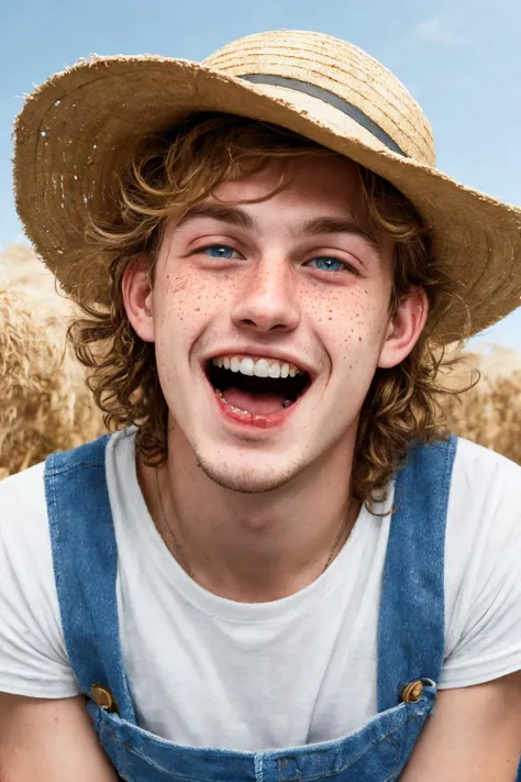 close-up photo portrait of a 20 yo european man, blond short curly hair, blue eyes, laughing face expression, freckles, denim overall, t-shirt, straw hat, farmer, simple background