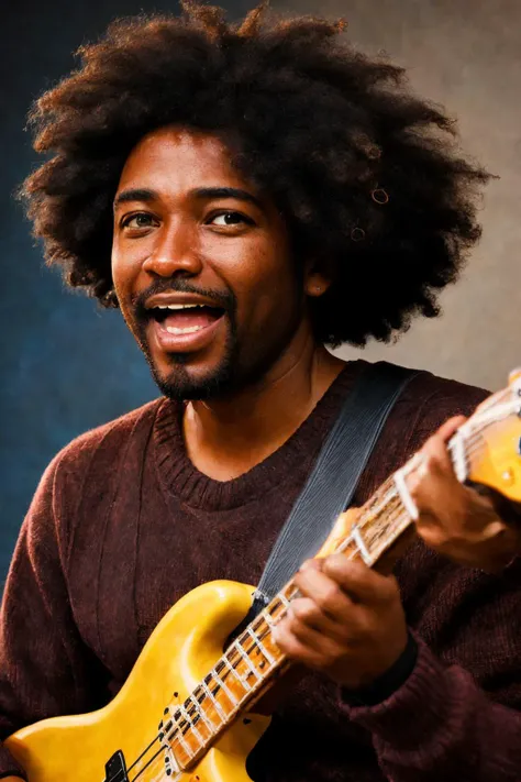 close-up photo portrait of a 45 yo african man, black afro hair, stubble, brown eyes, excited face expression, singing, red bass guitar, blue sweater, black bluesman, simple background