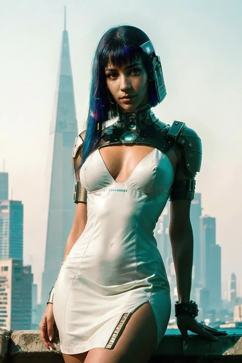 Highest Quality, photo of (Cyberpunk Cleopatra:1.1), perfect face, confident expression, (cyber wear), (wearing elegant white sheath short dress), athletic body, small breasts, (highly detailed skin), olive skin tone, supple skin pores, fine details, Cyberpunk city of city of Alexandria in background, at night, futuristic Pyramid in background, reflections, ambient light, (lens flare:0.6), (bloom:0.5), (cinematic lighting:1.1),
Photographed on a Hasselblad 500 CM, 80mm f/2.8 lens, with (Cinestill 800T color negative 35mm film:1.2), film-like, (film grain:1.1), 8k, HDR, shallow depth of field, sharp focus, medium format, front view, (full body:0.9)