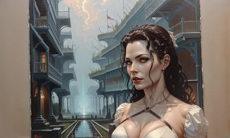 Masterpiece, grimdark \(theme\), (Heavy Metal Magazine Art:0.9), dark fantasy art, detailed illustration of (lustful and seductive [Vampire|Woman] with crown braided short black hair and very pale skin), yellow eyes, perfect face, (fangs), lurking in the shadows of medieval London allies, dark, (backlit:0.5), (wearing white blouse with blood stains), tempting desire, cold, (overcast), eerie atmosphere, foreboding, [bold|dark] colors, oil on board, ominous presence, complex background, (full body:0.9), panorama,
AND_PERP (By Brom) :1