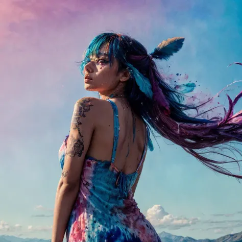 RAW photo, 8k uhd, Analog style, (Masterpiece, Best Quality, Highres:1.3), dramatic, cinematic, BREAK,
(watercolor painting:1.4) by (Agnes Cecile:1.2) of (slim:1.1) indian (girl:1.2) upper body from behind, (sundress made of feathers:1.3), cute face, (dynamic pose:1.1), (eyes:0.8), looking up, ((very long:1.1) flying blue hair:1.2) with (purple:1.1) (feather:1.4), (tattoo:1.3), (clouds, mountain, field:0.8), wind, ((colorful:1.1) watercolor blots background:1.3), (soft colors, fluid strokes, transparent layers:1.3), (hyperdetailed, absurdres, sketch:1.1), BREAK,
<lora:more_details:0.7>,