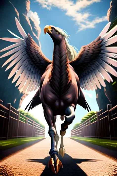 majestic glorious Hippogriff, bird monster, horse AND eagle, horse legs, full body, 2k, 4k, 8k, beautiful, best quality, cinematic lighting, detailed eyes, detailed pupil, dynamic light, detailed, extremely detailed, HDR, high detail, high quality, highest quality, highres, masterpiece, official art, realistic, realistic photo, realistic shadows, UHD